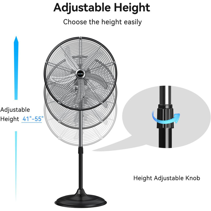 20 in. 3 Fan Speeds High Velocity Industrial Pedestal Fan in Silvery with 80° Oscillating, 5300 CFM, adjustable height.