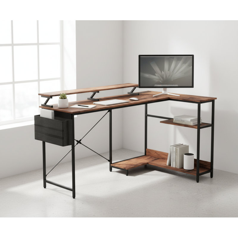 Bureau d'ordinateur avec bureau en coin réversible en forme de L, support pour écran, prises de courant et lumières DEL