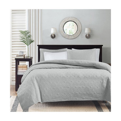 Ensemble de courtepointe réversible en coton pour lit double / grand lit - Ensemble de literie 3 pièces gris avec traitement antimicrobien, courtepointe d'été légère
