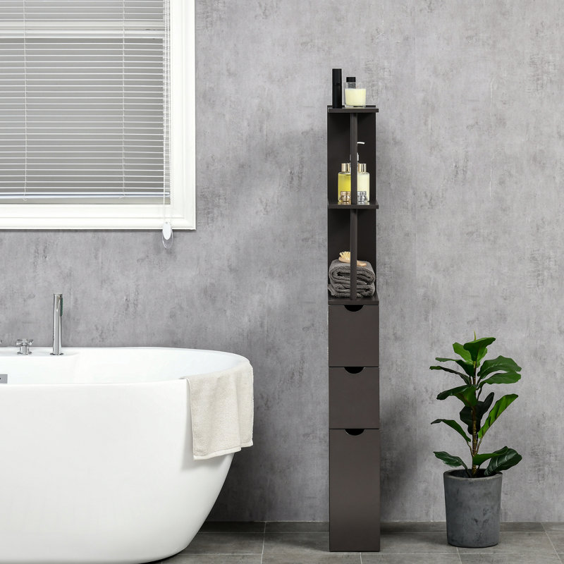54" Tall Freestanding Bathroom Storage, Linen Tower With 2 Shelf And Drawers, Narrow Space Saving Organizer, Brown Storage Unit, Cabinet,