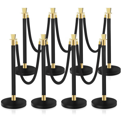 Black Stainless Steel Stanchions Rope - Crowd Control Barriers with Red Carpet Safety Barrier, Velvet Ropes and Posts & Retractable Belts for Party Theater Hotel VIP Events, Weddings, Museums - Line Dividers in 8 Pcs Easy Connect Assembly