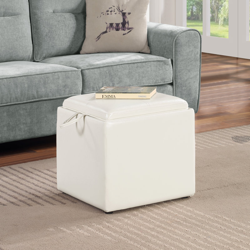 Aihnoa Square Ottoman with Stool and Reversible Tray, Ivory Faux Leather