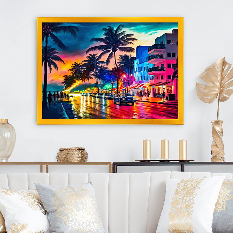 «Miami Beach Holidays 3 Architecture», impressions sur toile Miami, Cadre doré simple, H 12 po x l 20 po x P 1 po