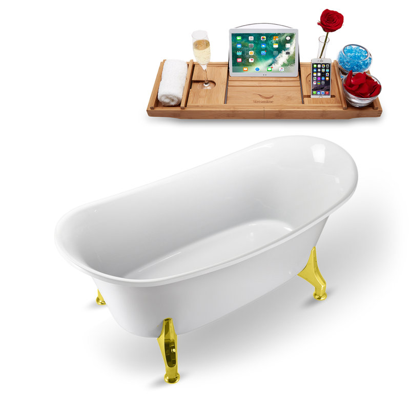 Baignoire de trempage sur pattes 67 "avec drain, pattes et plateau en bambou 67" Streamline, Or poli, Chrome poli