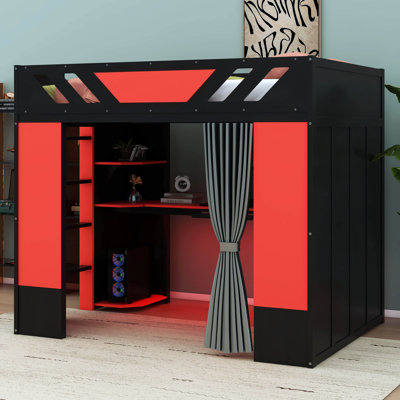 Lit mezzanine double en bois pleine grandeur avec tablettes intégrées, rideaux d'intimité et lumières RVB