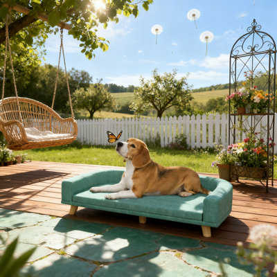 1x Light Green & Natural Wood Finish Dog House (indoor Pet Sofa) | For Large Dogs Up To 66 Lbs 23.6" Body Length, Removable Easy-clean Cover, Elevated Airflow | 38.6"w X26.4"d X9.8"h, Plush Fabric, Home Decor =