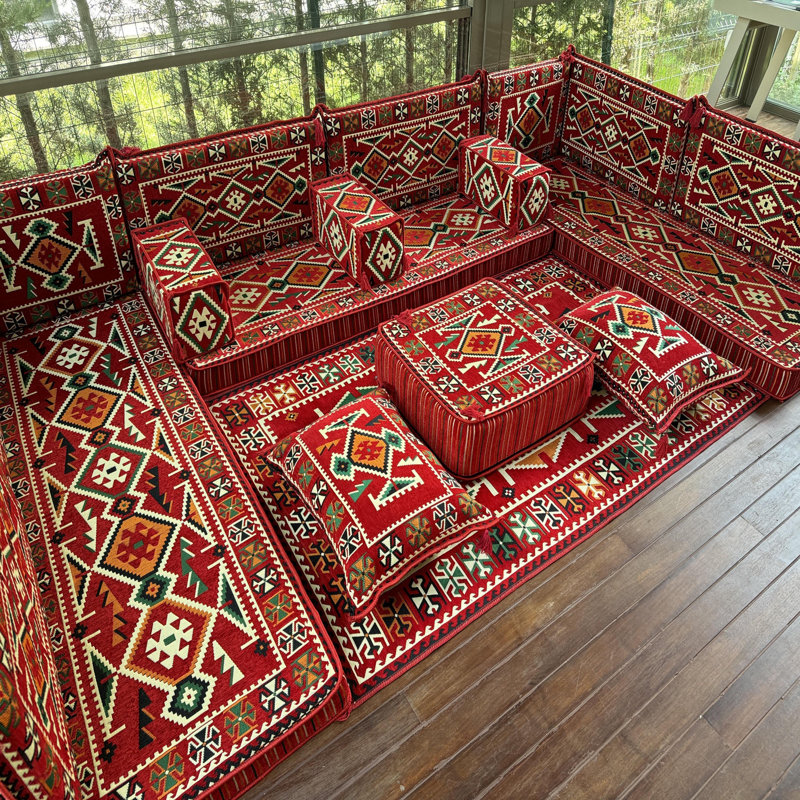 Ensemble de canapé avec repose-pieds Boho Chic avec repose-pieds et coussins, Rouge