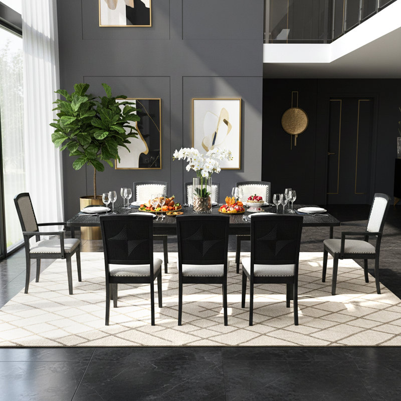 Ensemble de table de salle à manger extensible de 84 po avec rallonge de 24 po, 6 chaises rembourrées et 2 fauteuils, ensemble de salle à manger rustique 9 pièces