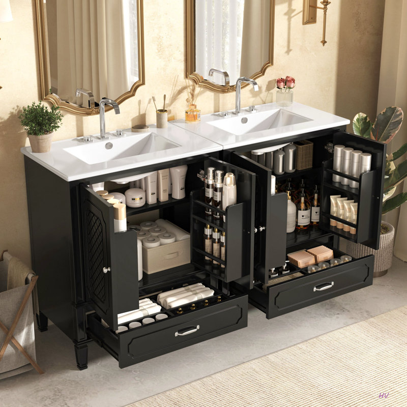 Ensemble de meuble-lavabo 60 po avec lavabo double 60 po, 2 armoires avec porte et 2 tiroirs, Noir
