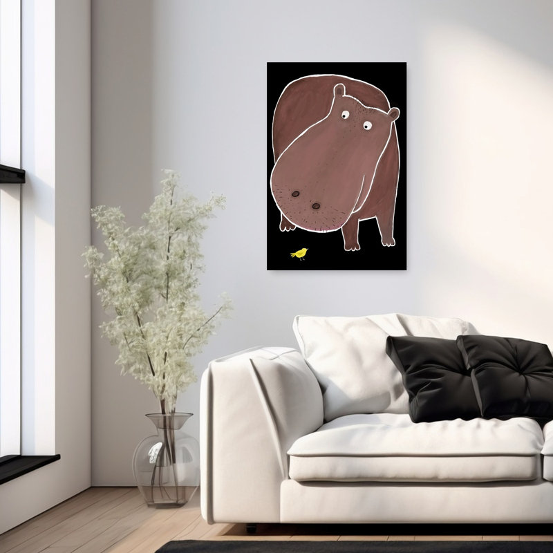 Curious Hippo And Bird Contemporary Bird Nature Wildlife Wall Art Print by Carla Daly - Wrapped Canvas Print