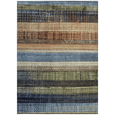 10' X 14' Blue And Brown Striped Washable Indoor Outdoor Area Rug
