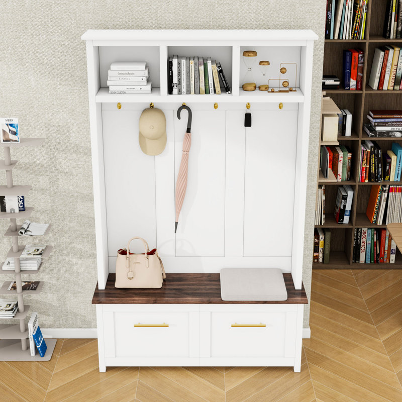 Modern Hall Tree with Golden Hooks, Bench, Drawers and Storage Compartments, White