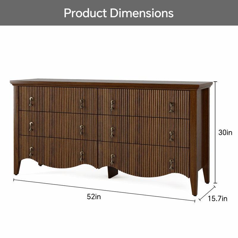 Avenall 6-drawer Double Dresser With Fluted Design, Vintage Wide Chest Of Drawers With Scalloped Base, Organic Modern Storage Cabinet For Bedroom, Walnut Finish