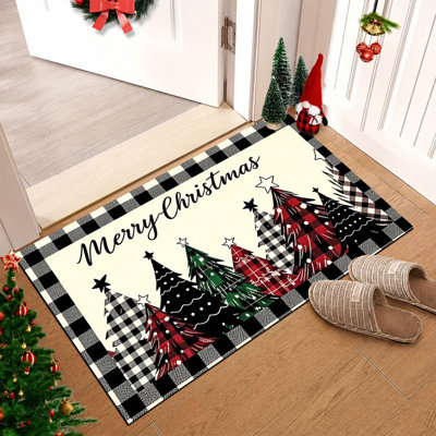 Tapis de porte antidérapant pour l'intérieur et l'extérieur, motif à carreaux rouges et sapins, 61 x 91 cm.