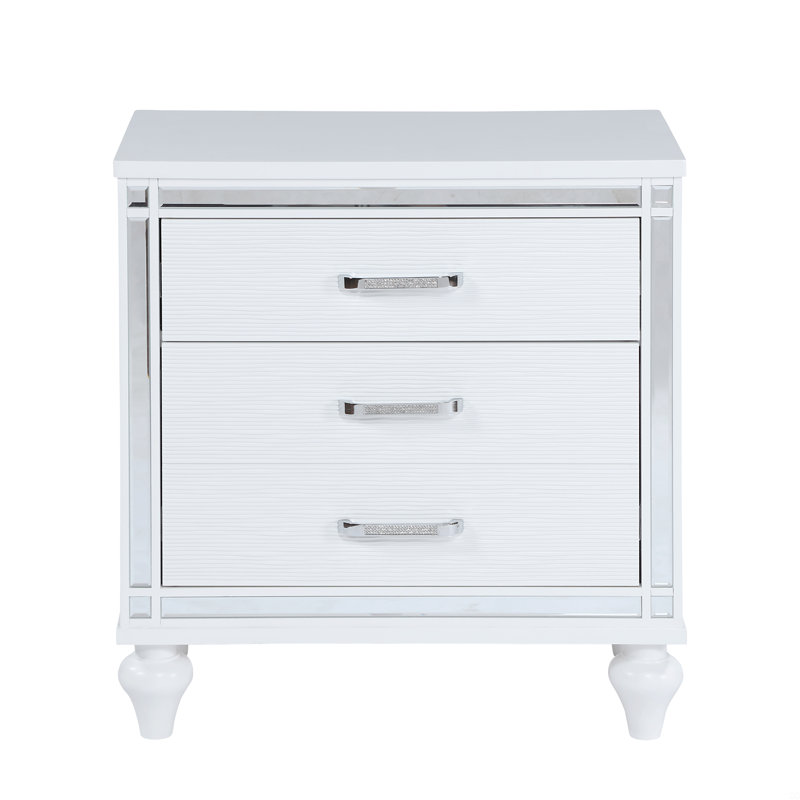 Nightstands With Mirror Frame Accents, Bedside Table With Two Drawers And One Hidden Drawer, End Table With Crystal Pull