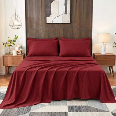 Ensemble de draps 3 pièces en coton pour lit simple, draps respirants et rafraîchissants, literie douce inspirée des hôtels, draps de luxe bordeaux avec bonnet profond de 40 cm, infroissables et faciles d'entretien.