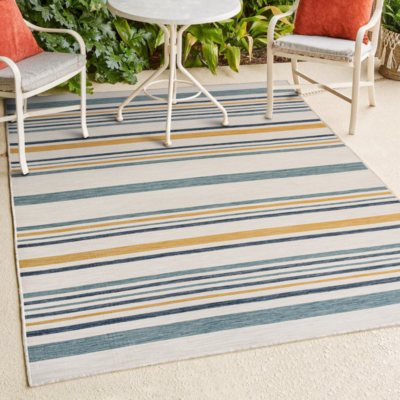 Janus Classic Coastal Ticking Stripe Reversible Machine-Washable Cream/Navy Indoor/Outdoor Rug, Rectangle 7'9" x 10'