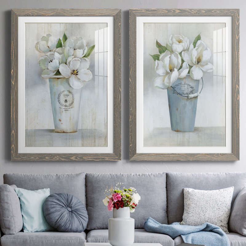 Fleuriste Francais I - ensemble de 2 reproductions d'art, H 31,5 po x l 47 po x P 1,5 po, Cadre en papier gris, Blanc