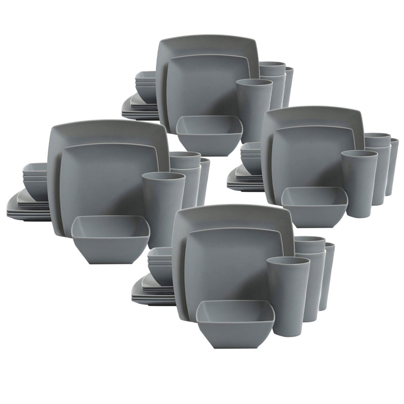 Assiettes, bols et tasses en mélamine carrée 16 pièces Gibson Home, gris