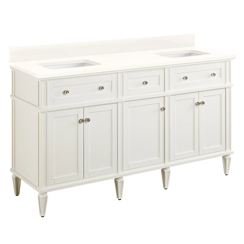 60" Elmdale Double Bathroom Vanity Set with Rectangular Undermount Sinks, Arctic White Quartz, No Drillings, Soft White
