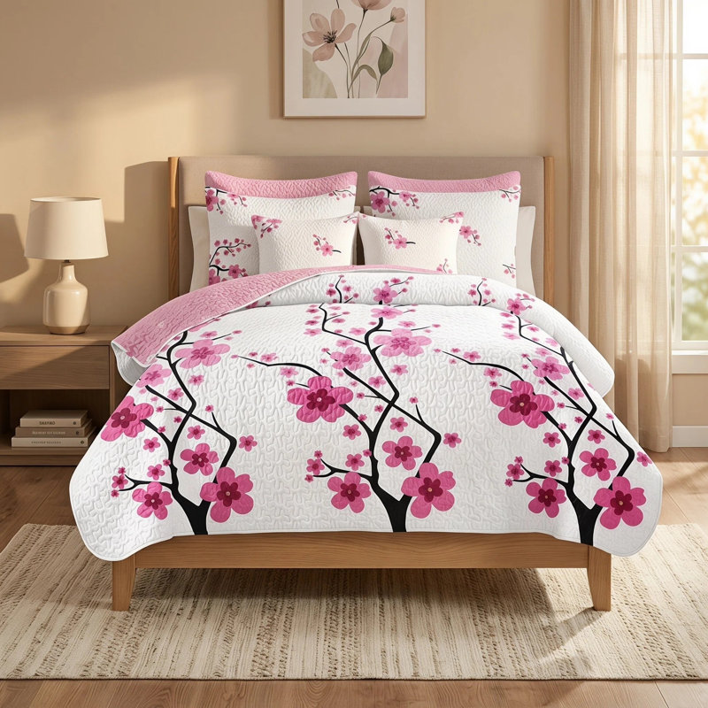 5-Piece Reversible Pink Cherry Blossom Queen Comforter Set with Pillowcases and Decorative Pillow Covers, QUEEN