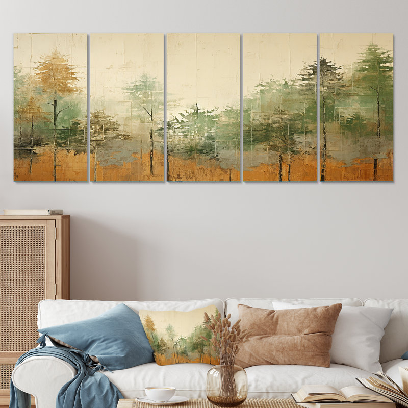 Art mural de salon vert vert, beige et forêt sauvage I - Tachisme 5 pièces, H 32 po x l 80 po