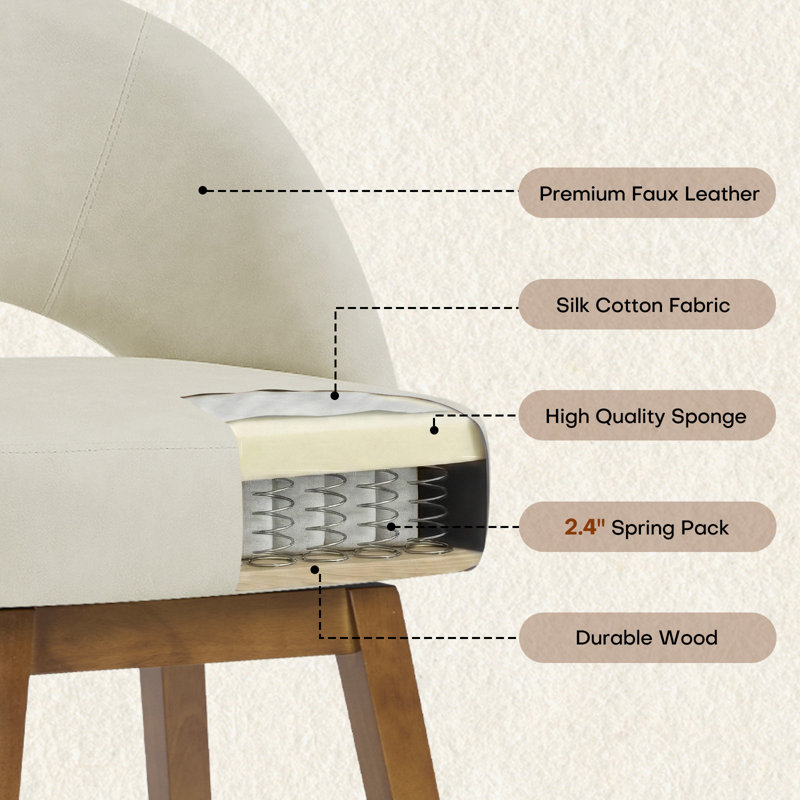 26.4" Swivel Counter Bar Stool With Pocket Spring Seat & Solid Rubberwood Frame, Cutout Arched Back, Off White