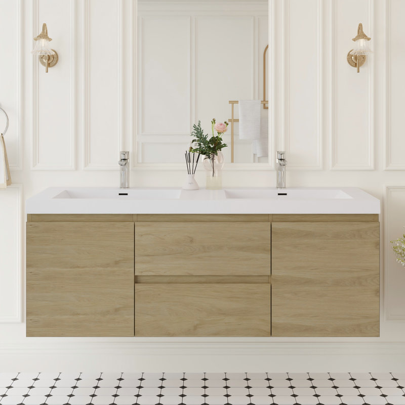 Ensemble de meuble-lavabo mural 60 po, Chêne naturel, Blanc lustré