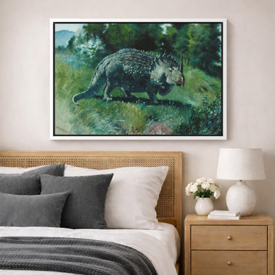 Illustration rétro de dinosaure, art de la nature verte, images de chambre d'enfant, impression sur toile encadrée sur toile.