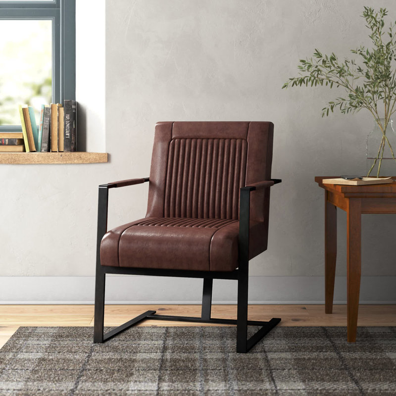 Fauteuil en cuir véritable de 23,6 po Lanika, Cuir fleur de sienne foncé foncé
