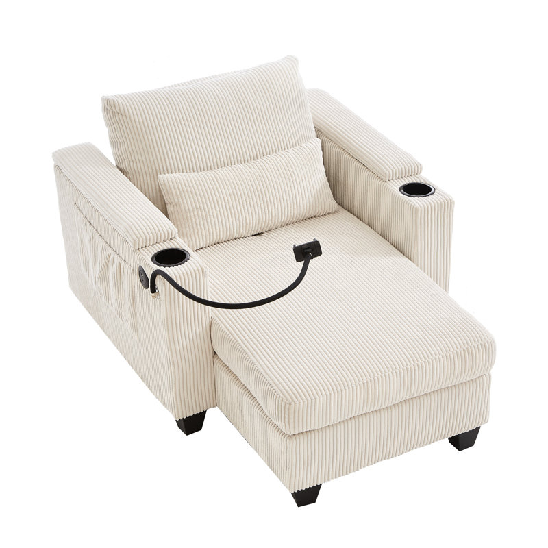Fauteuil convertible beige en velours côtelé pour salon, avec porte-gobelets, rangement dissimulé pour accoudoirs et poches latérales