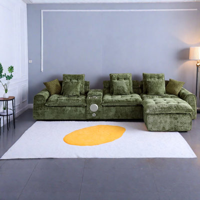 Grand sofa de coin avec rangement, canapé moderne en boucle verte en forme de L pour la maison
