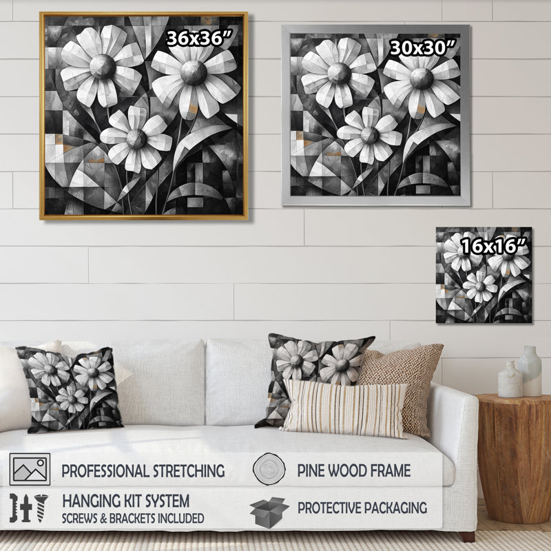 Fleurs délicates géométriques monochromes - Art mural fleurs sauvages, H 36 po x l 36 po, Impression encadrée flottante, Brun