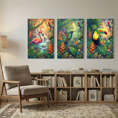 Animaux, oiseaux tropicaux, jungle, flamant, colibri, toucan, ensemble de 3 impressions sur toile