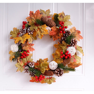16" Handmade Fall Winter Pine Cones & Maple Leaves Wreath