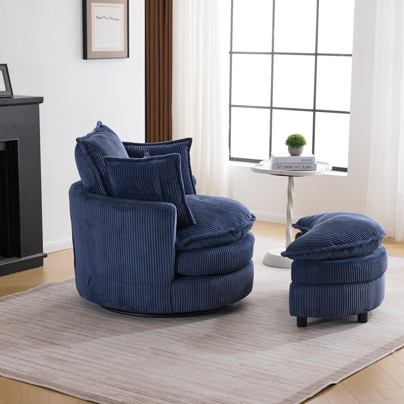 Fauteuil d'appoint pivotant à double couche en velours côtelé de 38,98 po de largeur avec repose-pieds, Velours côtelé bleu