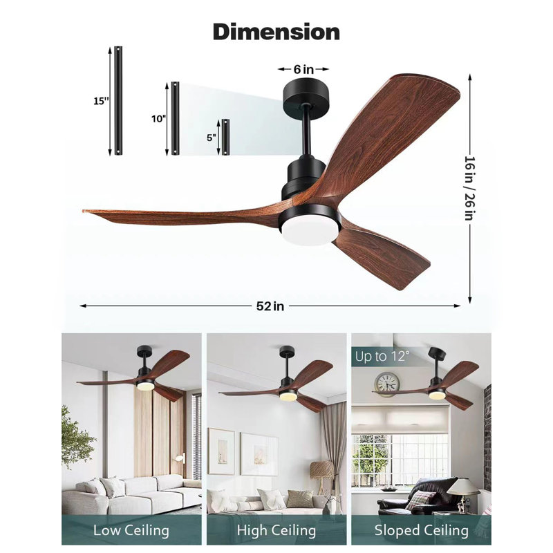 52 Inch Ceiling Fan with Lights Remote Control, Walnut