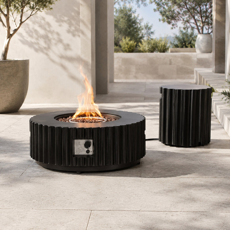 Table de foyer ronde au propane de 91 cm (36 po) avec texture ondulée sculpturale et support de bouteille dissimulé, noire
