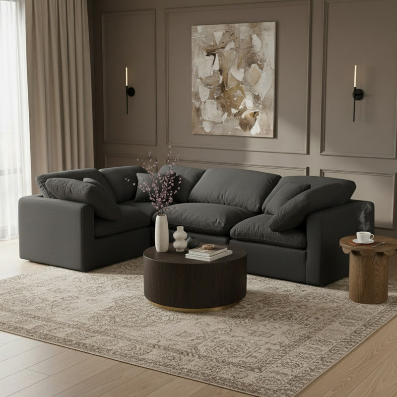 Itala Upholstered L-Shaped Sectional Reversible, Black Linen Textured Fabric