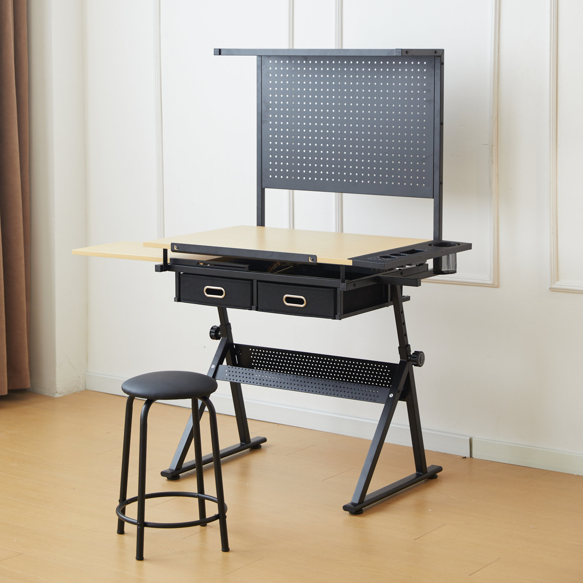 VECELO Drafting Table Art Desk Art Table Adjustable Drawing Table Tilted Tabletop With 2 Storage Drawers And Stool, Drawing Desk For Artist Painters Drawing, Crafting, Reading, Writing, Black - View #3