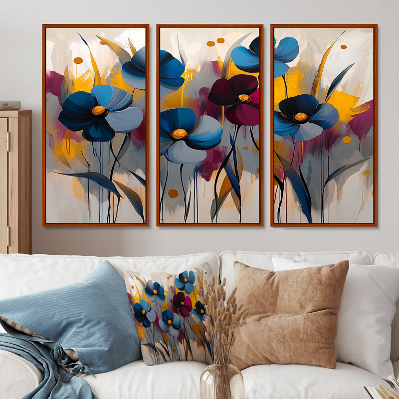 Ensemble de 3 fleurs murales rouges et bleues - bleuet pour salon - ensemble de 3, H 28 po x l 36 po, Brun