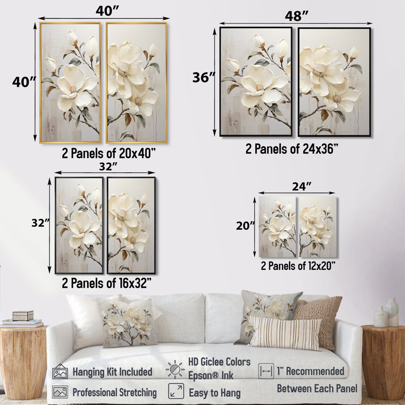 Fleur de magnolia beige et vert - art mural traditionnel, H 32 po x l 32 po, Noir, Reproduction encadrée sans passe-partout
