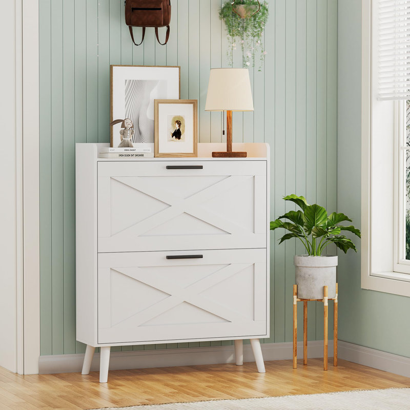 32" W Farmhouse Shoe Storage Cabinet With 2 Flip Drawers And Barn Door Design, Adjustable Shelves(White), White