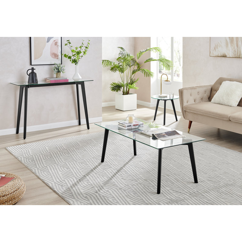 Sala 3 Piece Coffee Table Living Room Set - Scandinavian Style Glass and Wood Centre Table, Black