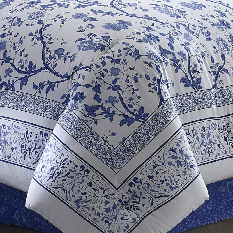 Charlotte Blue and White Cotton Floral Full/Queen Duvet Cover Set