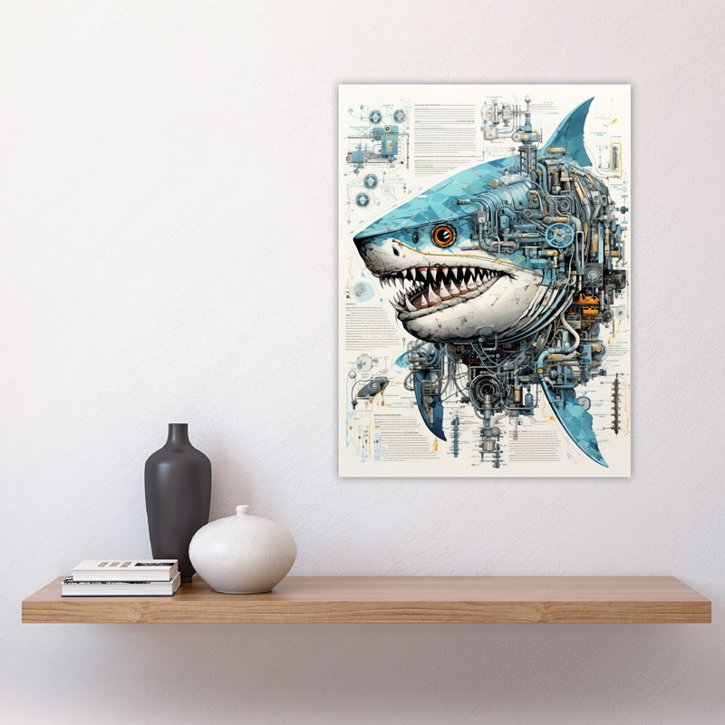 Wall Art Print Weapons Grade Shark Robot Hybrid Secret Military Schematic Futuristic Complex Arcane Manuscript Gift For Cave Poster