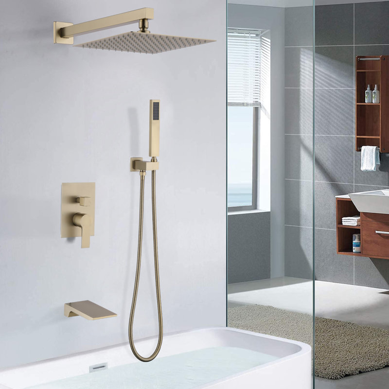 Système de douche 12 po avec douchette cascade et pomme de douche à main, Or brossé