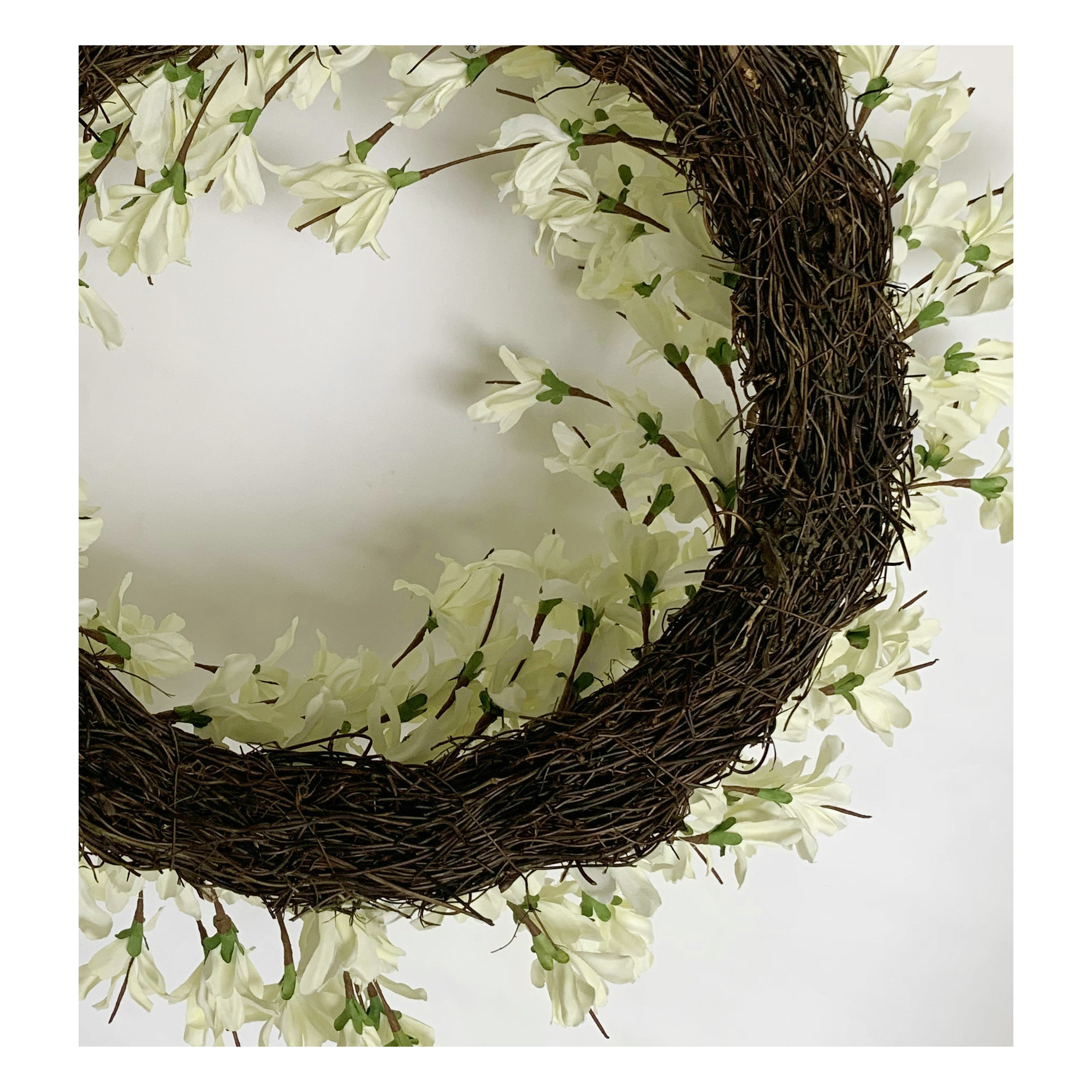 24" Handcrafted Faux Forsythia Silk Wreath for Front Door, White