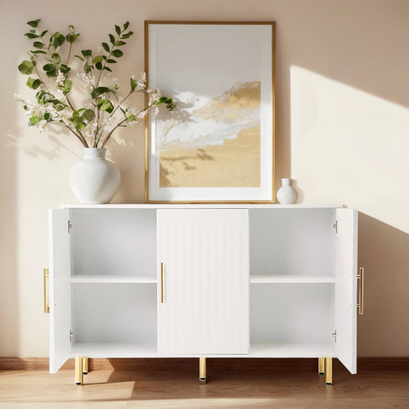 White 55" Sideboard with Gold Handles and Three Doors