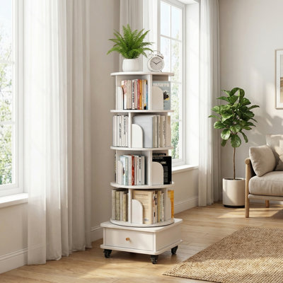 5-Tier Rotating Bookshelf Warm White - 360° Display with Wheels & Drawer, Modern Home Storage Organizer